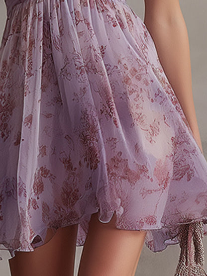 Vestito mini in chiffon viola retrò con motivo floreale e volant