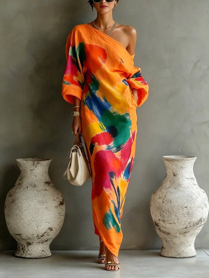 Lucrezia | Abito lungo monospalla con stampa pittorica multicolor